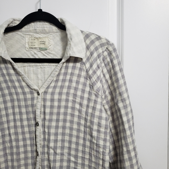 ANTHROPOLOGIE SATURDAY SUNDAY Gray Checkered Button Up Flannel Blouse … - Picture 5 of 8